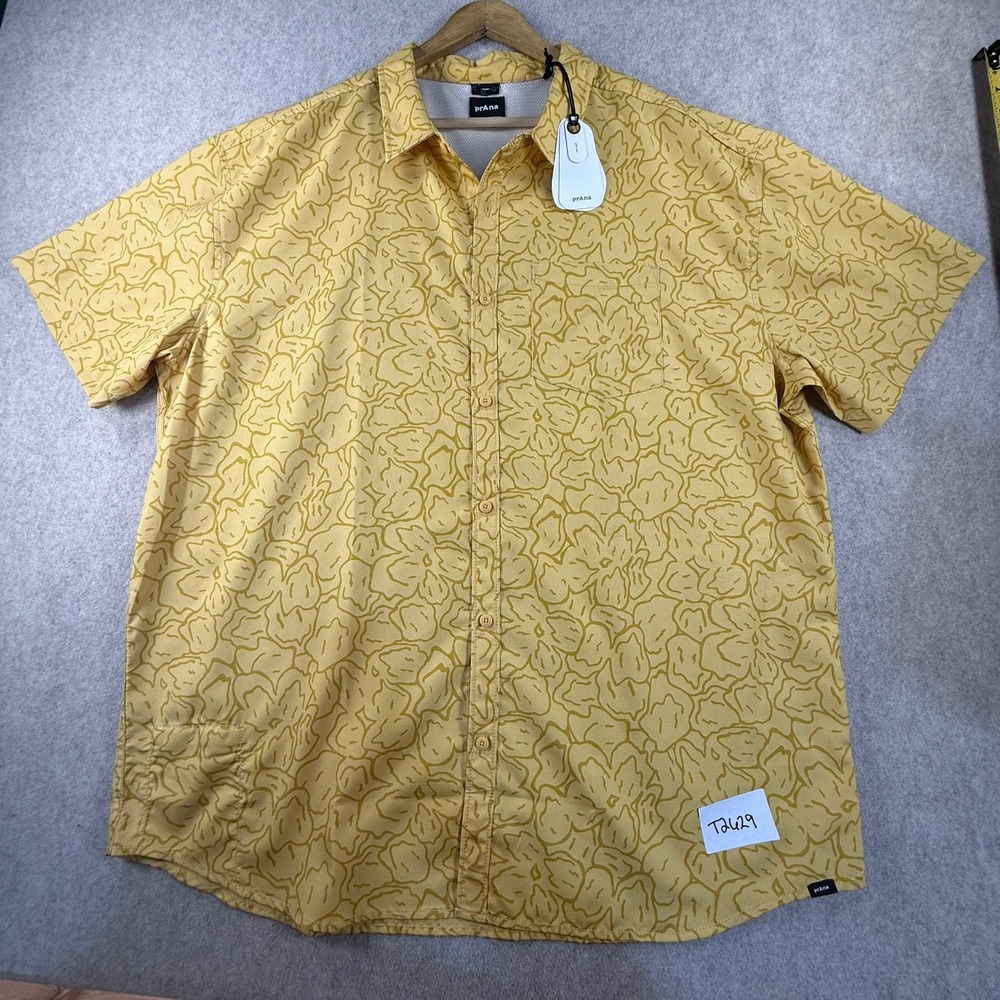 NWT Prana Mens XXL Yellow Floral Ripstop Short Sleeve Button Down Shirt UPF 30+